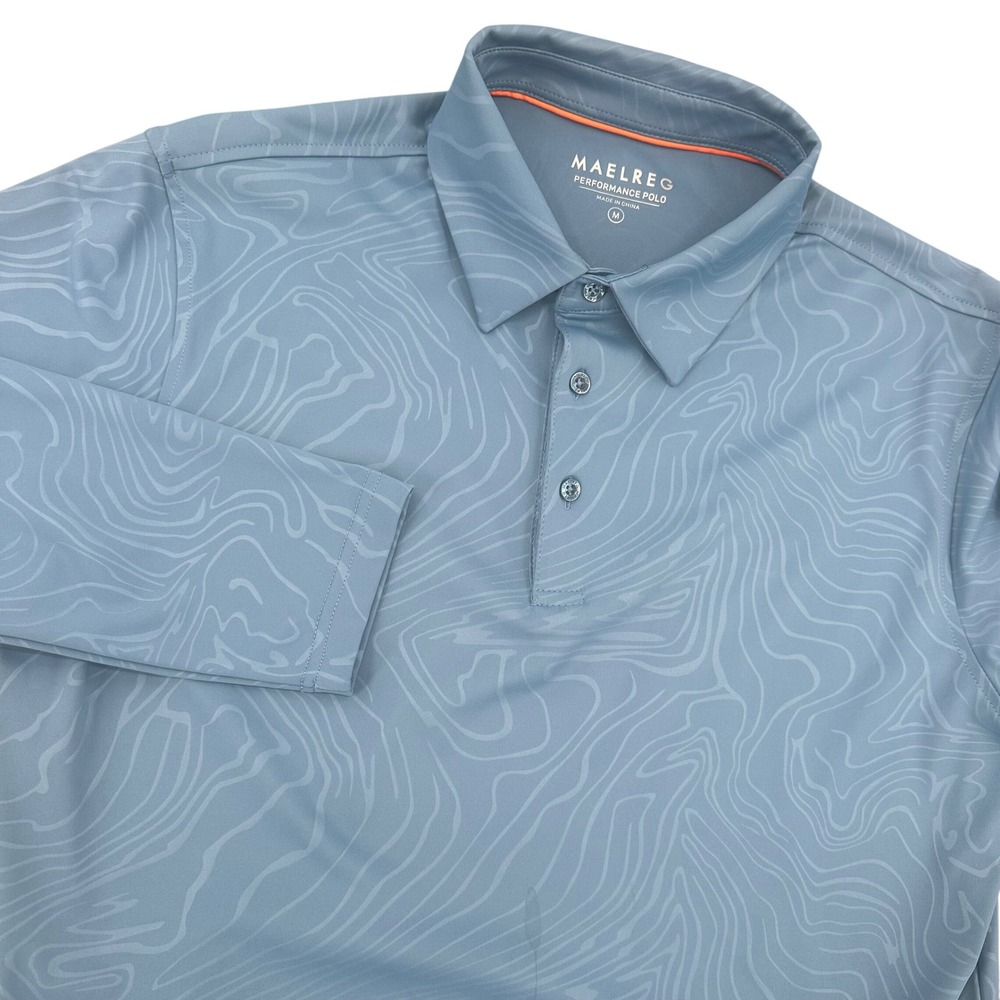 Maelreg Mens M Performance Polo Shirt Blue Topographic Wave Long Sleeve‎ Golf M